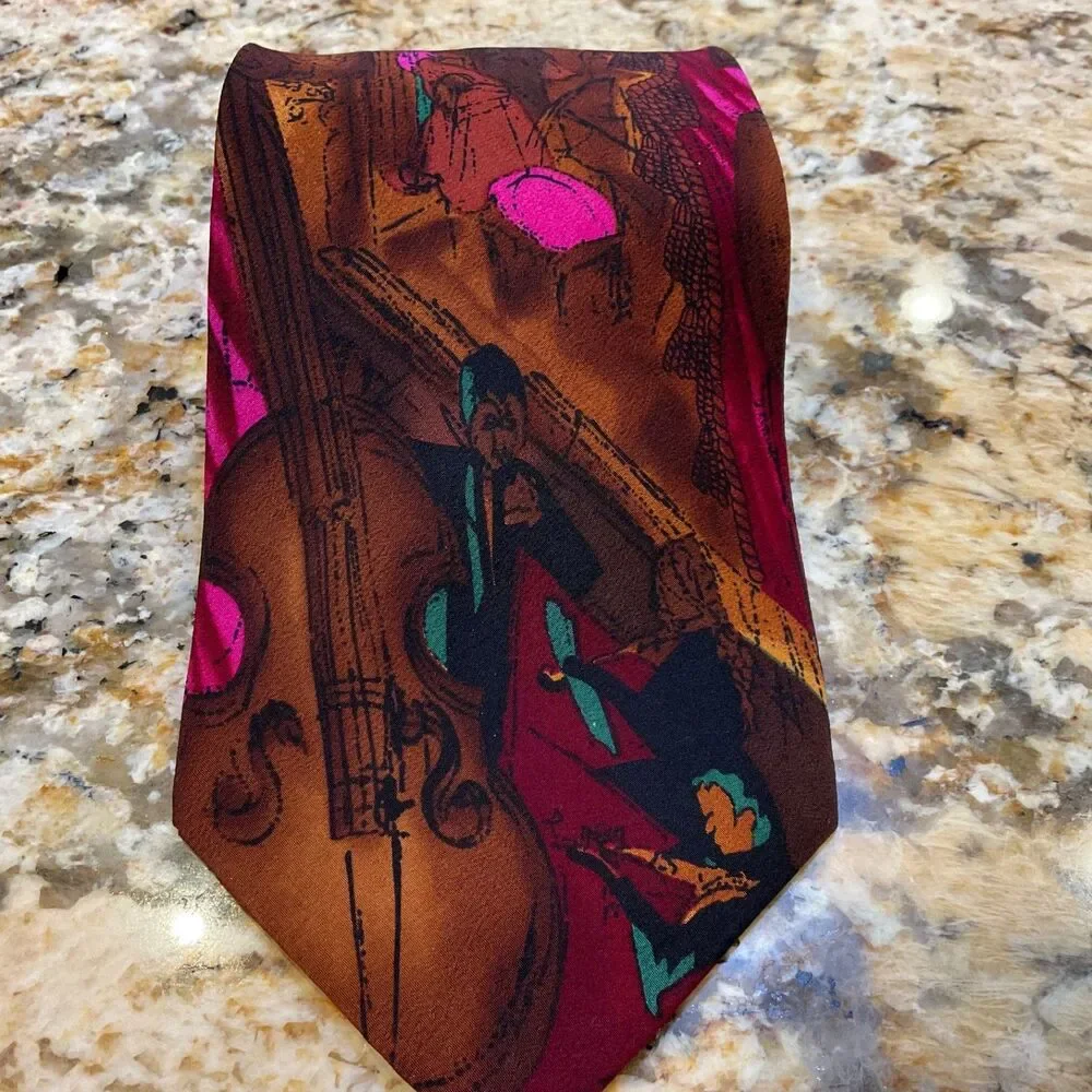 VTG Music Theme silk Necktie Mens Novelty Tie Teacher Musician Jazz Art